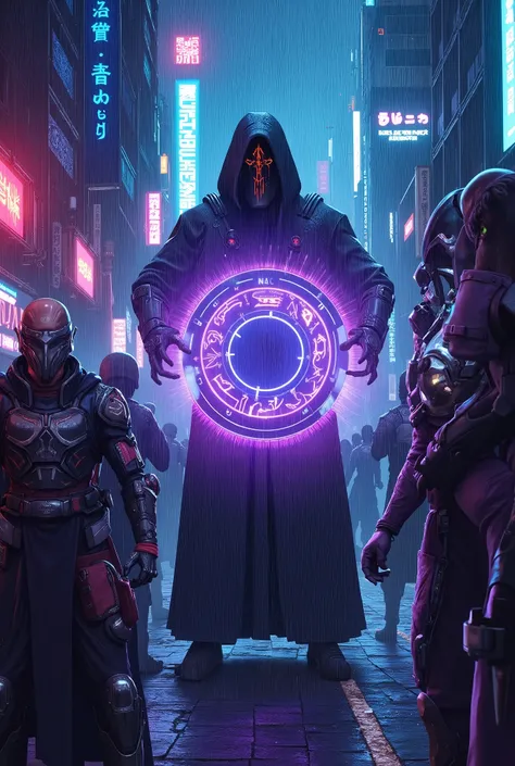Cyberpunk. neon lights, megacorps, rain on the city streets. Cyberpunk fantasy, techno-magic, magic circle, ((magus being attacked by cyborg soldiers)), neon lights, .55