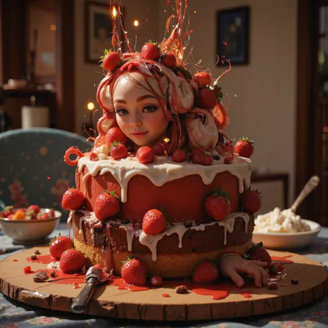 As the strawberry cake melts... it transforms into something unexpected. highly defined body, highly defined muscles, extremely detailed realistic natural skin with skin pores, tanned skin, glimmering skin, perfect anatomy, perfect hands, perfect eyes, per...