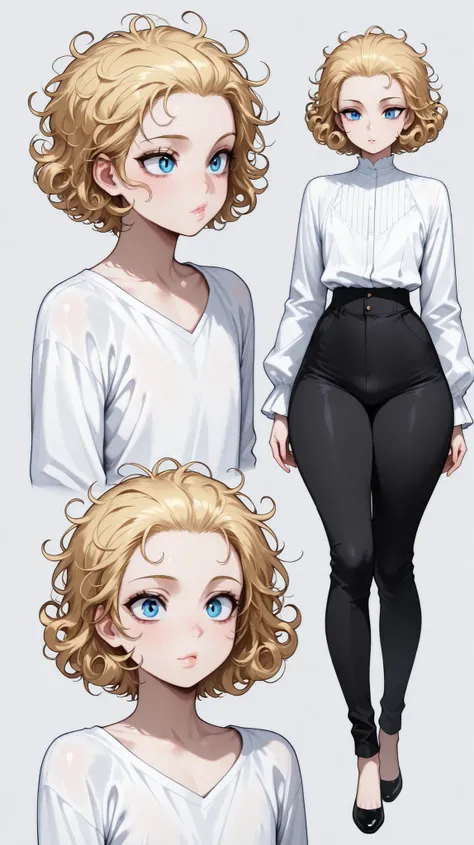 1boy, femboy, blonde Hair, curly hair, blue eyes, thick thighs, small waist, black pants, white shirt, messy hair, curly hair, short hair, hair pulled back, Glossy skin, long sleeves,,  slender shoulders, full body, grey background, Multiple views, Perfect...