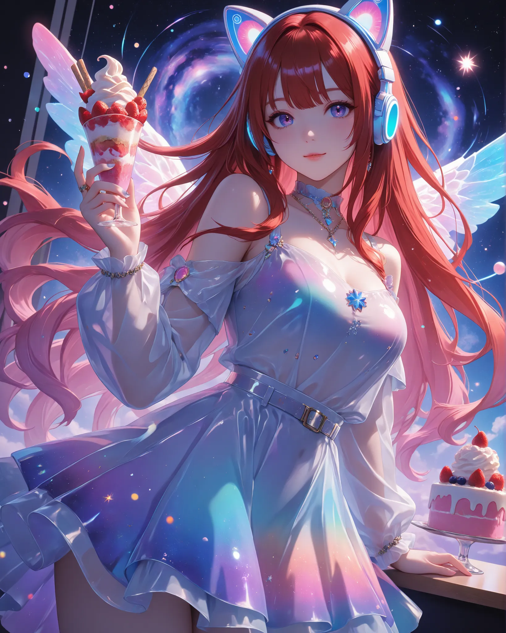 masterpiece, ultra detailed, 4k resolution, cinematic lighting, dynamic angle, perfect anatomy, In a vibrant futuristic kitchen lit by soft neon lights, iJessy — a stylish, red-haired virtual influencer with glowing cat-ear headphones — stands confidently....