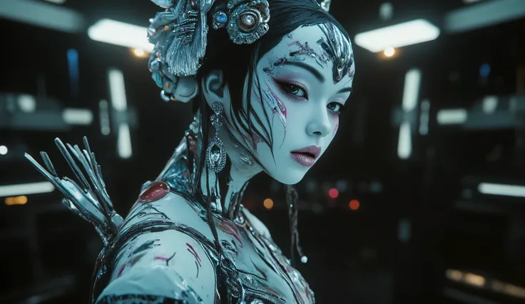 white face paint, cyberpunk, in the style of Boris Velajo, 4k, realism, photography, geisha, geisha make up, standing unreal engine 5, big eyes, kneeling