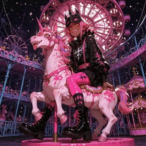 very wide shot, isometric view, from below, from side, male focus, riding carousel, sitting on carousel, ((\o/)), huge smile, tongue out, creepy posture, 1 male, ((sharp teeth)), aegyo sal, detailed face, pink lip gloss, runny makeup, (((pink))) yellow str...