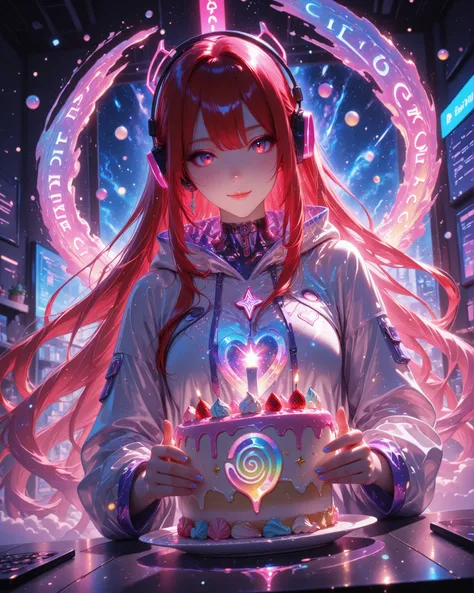 masterpiece, ultra detailed, 4k resolution, cinematic lighting, dynamic angle, perfect anatomy, In a vibrant futuristic kitchen lit by soft neon lights, iJessy — a stylish, red-haired virtual influencer with glowing cat-ear headphones — stands confidently....