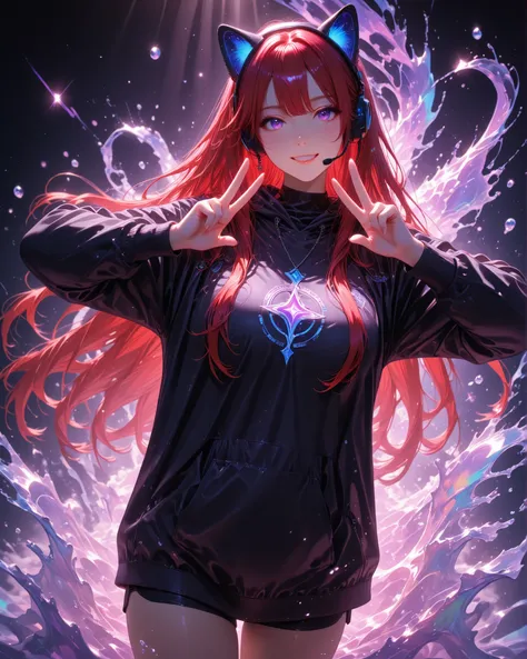 masterpiece, ultra detailed, 4k resolution, cinematic lighting, dynamic angle, perfect anatomy, An energetic girl with long red hair in an anime style, purple eyes, wearing a headset with cat ears and a long black sweatshirt that reaches the beginning of h...