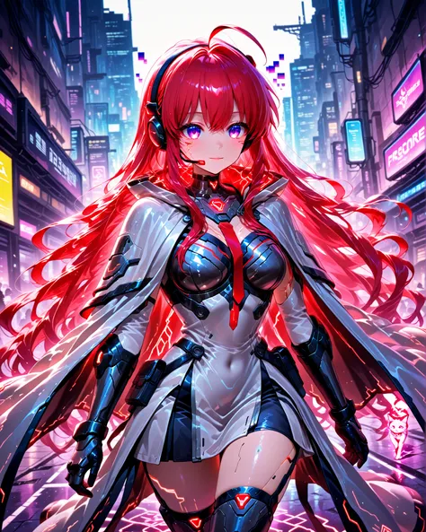 A digital world collapsing into fragments — glitchy streets, looping shadows, and frozen NPCs. In the center stands a striking cyberpunk girl: flowing red hair, glowing cat-ear headset, and armor flickering between -tech and corrupted pixels.

She opens her eyes to see: [DEBUG ACCESS GRANTED]. Her coffee floats sideways. Her reflection glitches. Her cat is a walking blur of cubes. She isn't just inside the glitch — she's the only one who can rewrite it.