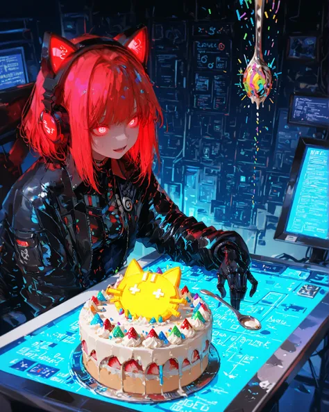 A futuristic café filled with digital errors and glitchy menus. A charming red-haired girl with glowing eyes, a -tech jacket, and bright cat-ear headphones sits at a digital table labeled “404 TABLE NOT FOUND”.
Her dessert keeps rendering upside down, fli...