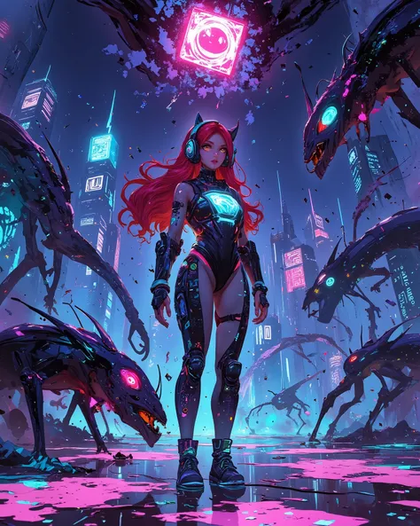 A stunning red-haired cyberpunk woman stands in the middle of a surreal, dreamlike digital nightmare. She wears a sleek, black-and-neon armor suit with translucent glitch panels and soft LED accents. Her long hair flows unnaturally, as if suspended in zero...