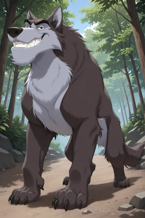 detailed background, detailed fur, cowboy shot, dynamic pose, dynamic angle, solo, 1boy, adult, Nukblto, wolf, feral, Feral body, full body, ((seductive, smirk)), ((very expressive)), outdoors, forest, sunny day, dirt, detailed forest, detailed scenery, de...