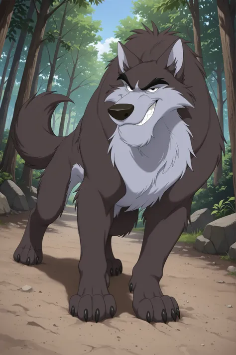 detailed background, detailed fur, cowboy shot, dynamic pose, dynamic angle, solo, 1boy, adult, Nukblto, wolf, feral, Feral body, full body, ((seductive, smirk)), ((very expressive)), outdoors, forest, sunny day, dirt, detailed forest, detailed scenery, de...