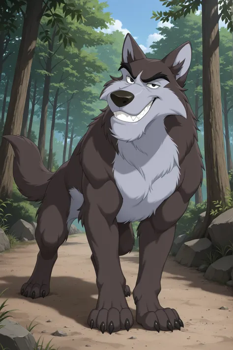 detailed background, detailed fur, cowboy shot, dynamic pose, dynamic angle, solo, 1boy, adult, Nukblto, wolf, feral, Feral body, full body, ((seductive, grin, smirk)), ((very expressive)), outdoors, forest, sunny day, dirt, detailed forest, detailed scene...