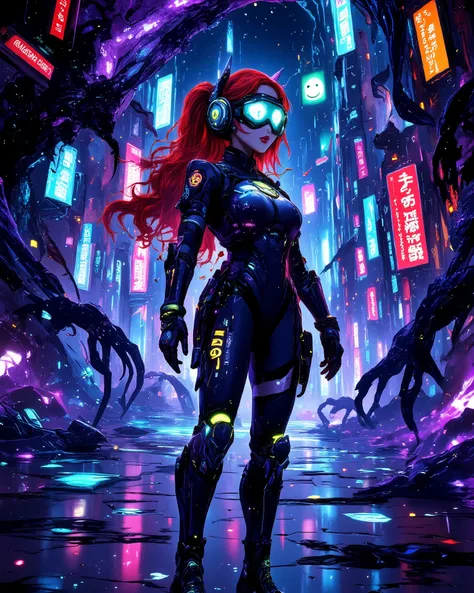 A stunning red-haired cyberpunk woman stands in the middle of a surreal, dreamlike digital nightmare. She wears a sleek, black-and-neon armor suit with translucent glitch panels and soft LED accents. Her long hair flows unnaturally, as if suspended in zero...
