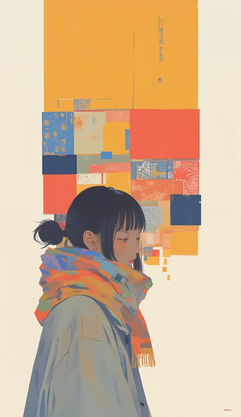 Includes earth-tone shades such as warm mustard yellow {x} Stylish artistic illustrations depicting people wrapped in colorful patchwork scarves, gives the image. The scarf has a、emphasizes the scarf as the center of visual interest, Deep Orange, Dark Red,...