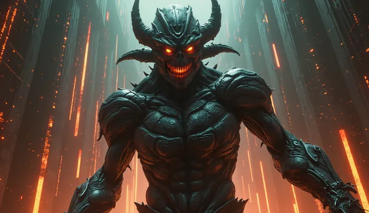 Demon, biomechanical, detailed, portrait, dramatic, cinematic, data mosh, glow