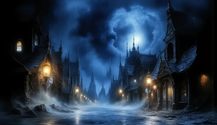 in the style on charie bowater, medieval city, nighttime, blue hue, mordheim, ulvenkarn, cursed city, haunted, horror, undead roaming the streets, abandoned, realistic, detailed, dynamic lighting, 4k, UHD