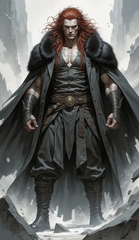 masterpiece, best quality, hyper-detailed, cinematic lighting, professional fantasy character illustration. A tall, immensely muscular middle-aged man, an imposing fantasy wuxia hegemon. He has a rugged face with a serious expression, a confident smirk, an...