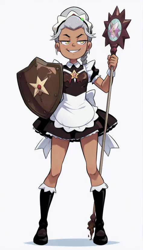 1 girl, alone, magical girl, chocolate magical girl, magic shield, chocolate magic shield, chocolate shield, tomboy girl, braid hairstyle, single braid, pulled back hairstyle, pulled back bangs, maid dress, magical maid dress, magical girl dress, maid girl...
