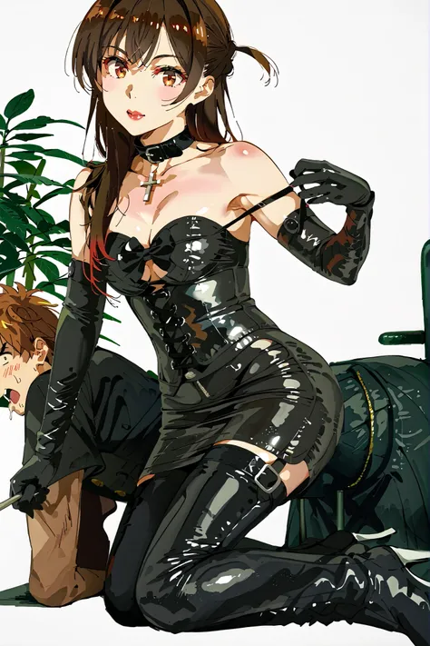 (((sitting cross-legged)))、(Naked man on all fours:1.4、Woman sitting on naked man's back:1.4)、a woman who takes the place of a chair:1.4、A man who is used by a woman as a human chair、human chair、Queen、((( 1 woman)))、(((solo:1.8)))、(((black latex elbow glov...