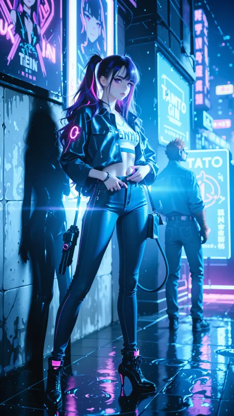 ((Movie poster)), ((furry)) ((anthropomorphic monkey gun in hand)), Various characters, furry, jeans, long blouse, (side view) looking at a puddle of water on the floor, ((tatoo)), (((cybernetic body parts)), ((Best quality)), ((masterpiece)), (highly deta...
