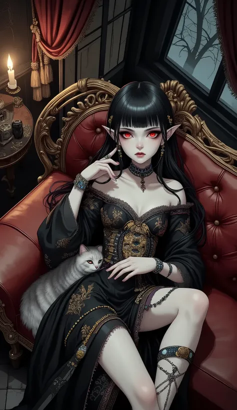 (A fusion of Ukiyo-e and dark fantasy. Aesthetic and gothic digital art. Illustrations are drawn from a bird's eye view from above.) BREAK (Jet black hair. Blunt bangs. Black eyebrows. Long black eyelashes. Almond-shaped eyes. Glowing red eyes. Dark, thick...