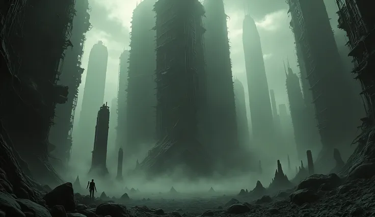 Apocalyptic City, dystopia, nothing is well, madness, H.P Lovecraft, dark background with caustics, fog, smoke, 4k