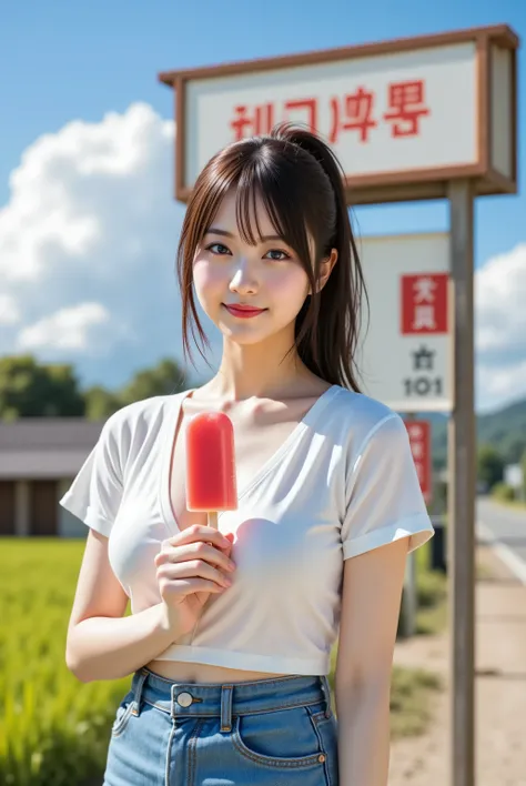 sakura,professional photography, masterpiece, high resolution, a knee-up portrait of a 20-year-old cheerful Japanese woman with a bright, nostalgic smail, waiting at a rustic bus stop on a countryside road in midsummer. She has delicate Japanese facial fea...
