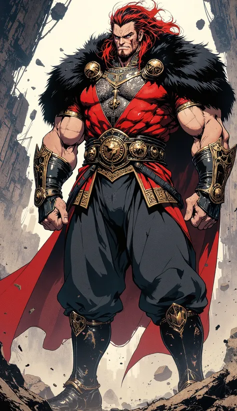 masterpiece, best quality, hyper-detailed, cinematic lighting, professional fantasy character illustration. A tall, immensely muscular middle-aged man, an imposing fantasy wuxia hegemon. He has a rugged face with a serious expression, a confident smirk, an...