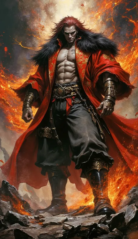 (epic fantasy character art, dynamic composition, style of Ruan Jia and Frank Frazetta, hyper-realistic, insanely detailed, 8k resolution) A colossal, battle-hardened wuxia overlord in his prime, exuding raw power and absolute authority. His face is a mask...