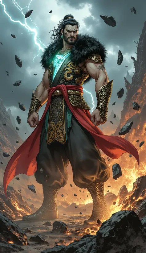 Epic fantasy concept art, digital painting, masterpiece, 8k resolution, ultra-detailed, hyper-realistic. Dramatic cinematic lighting, volumetric god rays piercing a stormy, dark sky. A colossal, Herculean wuxia hegemon, a paragon of overwhelming power and ...
