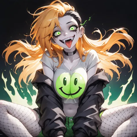 (ultra detailed), (masterpiece), (best quality), (depth of field), (sharp focus), (cinematic lighting), (vibrant black), 1, crazy smile, fangs, tongue out, tongue, sharp teeth, deep eyes, glowing green eyes, 90s raver style, raver girl, colorful mini jeans...