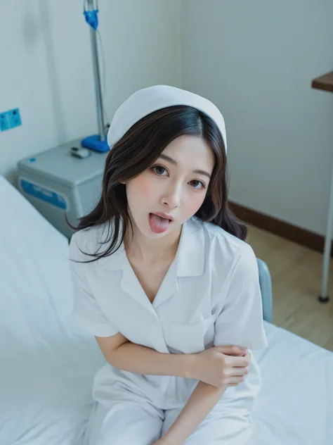 tongue out, dynamic_pos3, aesthetic_pos3, nurse cap, nurse uniform, detailed hands, A petite Japanese nurse with delicate features lies in a graceful reclining pose on a premium hospital bed with crisp white linens and an adjustable metal frame. The nurse ...
