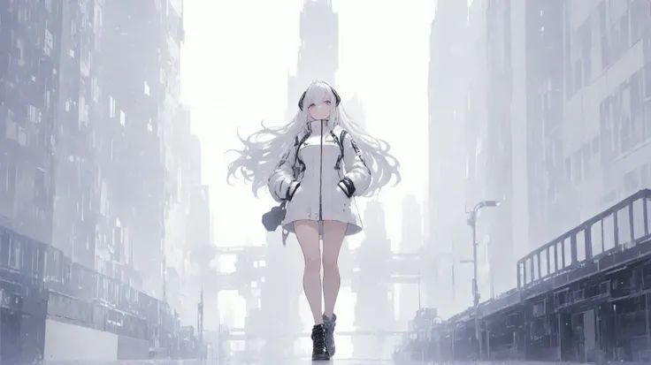 (masterpiece, best quality:1.2), 1girl, solo,mirage art, white theme, long hair, silor costume, black shoes,