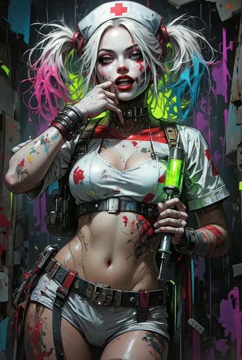 (masterpiece, best quality, ultra-detailed), Harley Quinn as a sick and insane gothic nurse, vertical crop knees to head, standing with slight hip tilt, seductive curvy silhouette, flawless pale skin with a sweaty feverish glow, deep dark under-eye circles, intense crazy eyes with small pupils, wide maniacal smile showing teeth, smeared black eyeliner, smeared red lipstick, messy sweaty platinum blonde pigtails with pink and blue tips, wearing a tight glossy latex nurse uniform in white and blood-red, deep cleavage, short skirt, undone buttons, stained with sweat and blood, tilted nurse cap with red cross, one hand grabbing her own face, pulling at her cheek and mouth like she’s losing control, the other hand holding a **small, medical syringe with a thin barrel and visible needle**, **transparent chamber filled with glowing neon green liquid**, **focus on syringe details**, the neon green glow reflecting subtly on her skin and uniform, her expression a mix of seductive and completely insane, heavy breathing, flushed skin, saliva on lips, lipstick mixed with drool, dramatic face lighting, dark decayed hospital room background, broken tiles, flickering neon lights, purple and green ambient glow, floating dust particles, cinematic shadows enhancing her curves and the dark feverish insane atmosphere.
