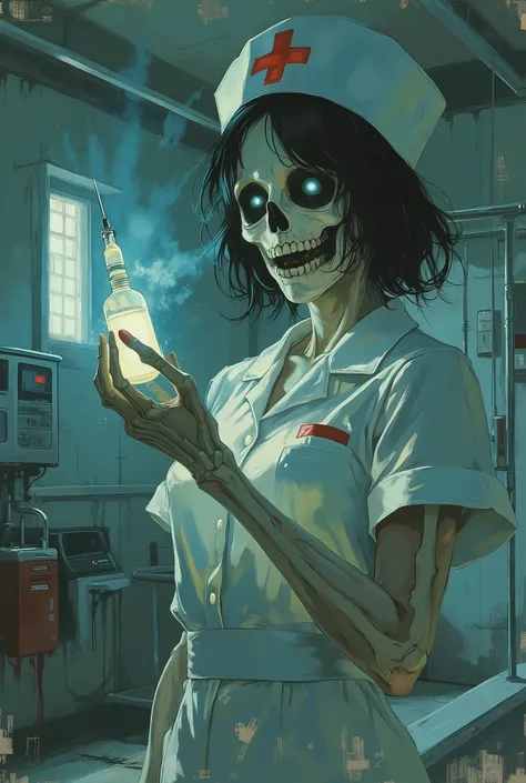bust-up shot of a skeletal yandere nurse with hollow eye sockets and a twisted, unsettling grin, holding a syringe filled with a mysterious glowing liquid, standing in a dimly lit hospital room, wearing a clearly detailed classic white nurse uniform with b...