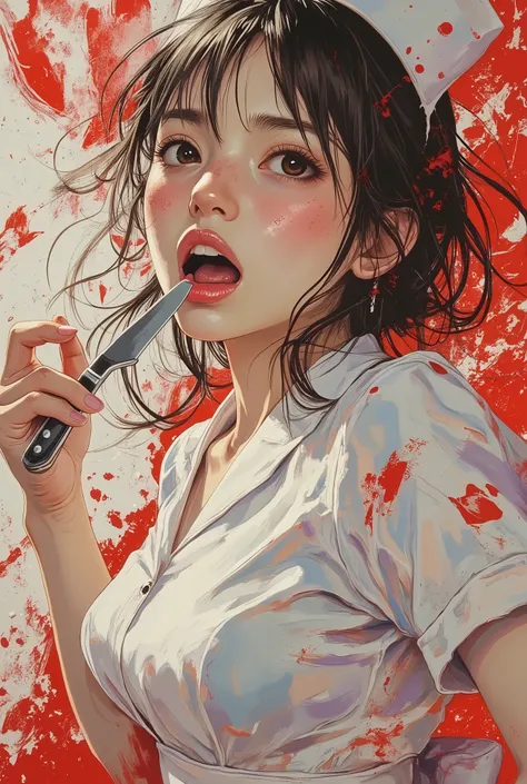 dynamic bust-up shot, a yandere nurse mid-motion with intense wide eyes and a twisted smile, tilting her head as she slowly licks the edge of a surgical knife, arm raised with wrist slightly bent, classic white nurse uniform with fluttering fabric, acrylic...