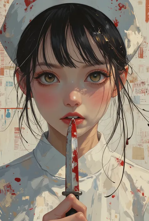 bust-up shot of a yandere nurse with wide obsessive eyes and a sly smile, licking the edge of a bloodstained surgical knife, wearing a classic white nurse uniform and cap slightly tilted, acrylic painting style, high resolution, thick expressive brushstrok...