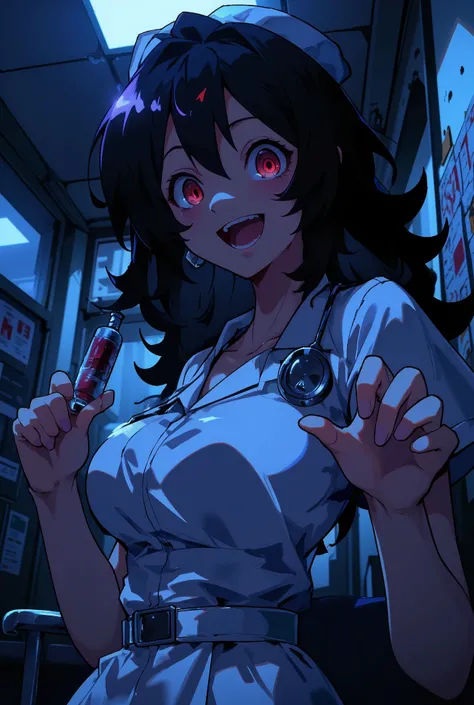 anime-style bust-up portrait of a yandere nurse in a dimly lit hospital room, long messy wavy hair, glowing spiral pupils, dark eye bags, wide demonic grin with sharp teeth slightly showing, flushed cheeks, cold bluish lighting casting shadows across her f...