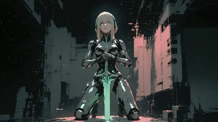 A futuristic and fantastical female android with a glossy, reflective black body made of a fluid-like metallic substance, kneeling in a dark void. She has pale platinum-blonde hair, glowing green eyes, and a serene yet determined expression. She holds an e...