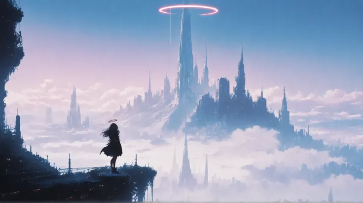 (masterpiece, best quality:1.2), 1girl, solo,mirage art, white theme, long hair, silor costume, black shoes,A lone traveler in dark clothing stands atop a rocky cliff, overlooking a vast, mist-covered futuristic megacity. The cityscape features towering sk...