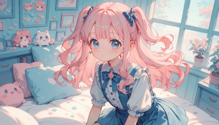 (masterpiece), top quality, high resolution, Super Detailed, pastel, long half-wavy pink hair, Gentle bright blue eyes, adorable blush, adorable face, cute room, wearing a small light blue pleated skirt and blouse with frills and bows, background:cyberpunk...