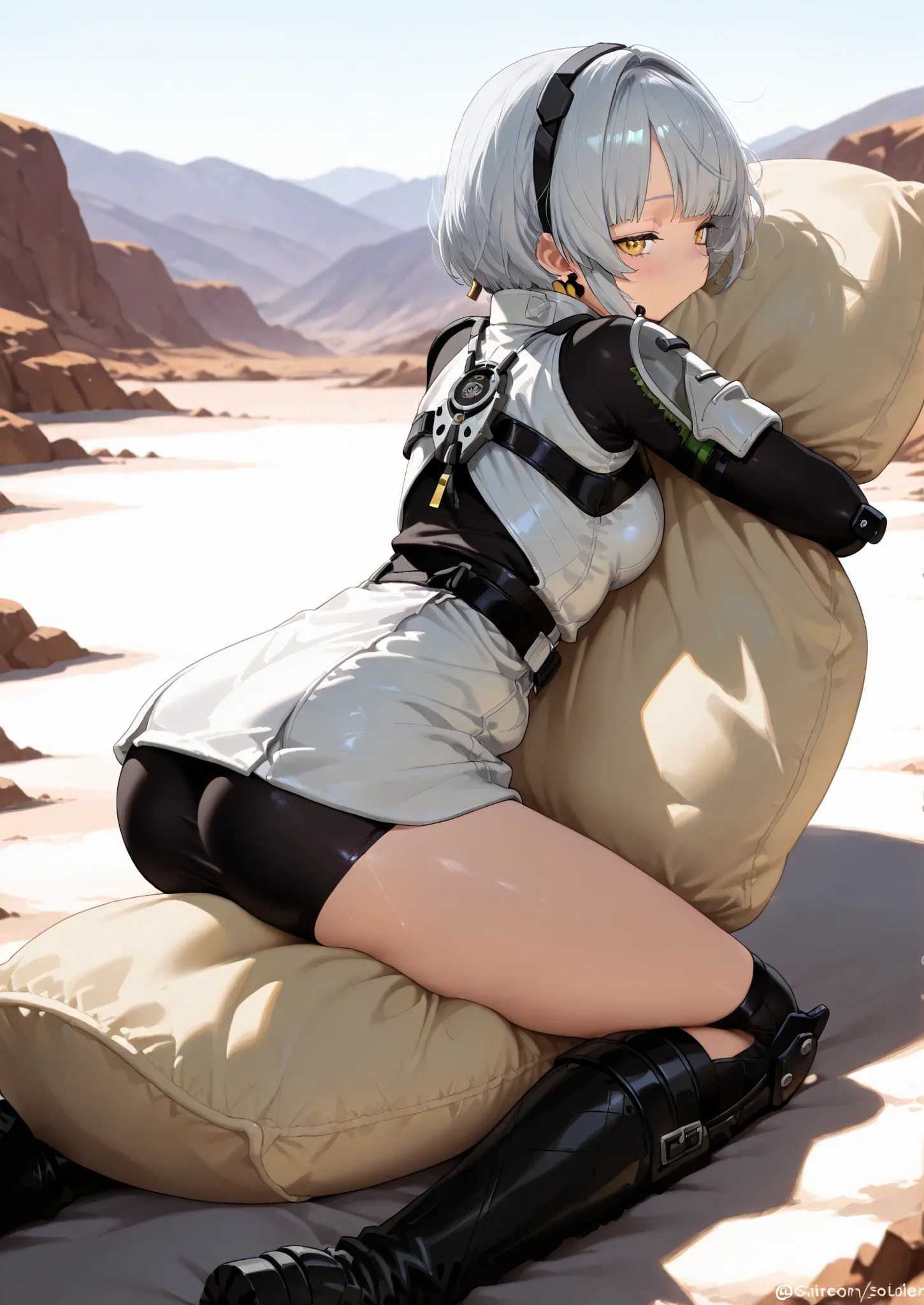 masterpiece, best quality,Beautiful,woman,solo,large beige pillow,beige pillow hug,pillow holding,pillow hug,holding beige large pillow,outdoor,woke,large pillow,sitting on the cushion,indoor anby demara \(silver soldier\), clothes: silver soldier black an...