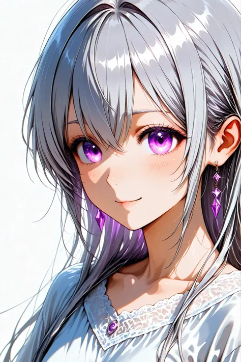 Silver hair. Young woman. Focus on the face. White background. Light and shadow effect. Gentle smile.