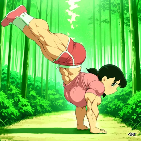 score_9, source_anime, rating_safe BREAK 1girl, solo, minamoto shizuka \(doraemon\), black hair, low twintails, short twintails, black eyes, pink shirt, white solo, long Shot, looking at viewer, eye level shot,big pec's, over-sized breast,pink shirt, pink ...