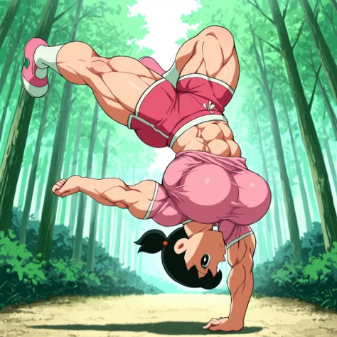 score_9, source_anime, rating_safe BREAK 1girl, solo, minamoto shizuka \(doraemon\), black hair, low twintails, short twintails, black eyes, pink shirt, white solo, long Shot, looking at viewer, eye level shot,big pec's, over-sized breast,pink shirt, pink ...