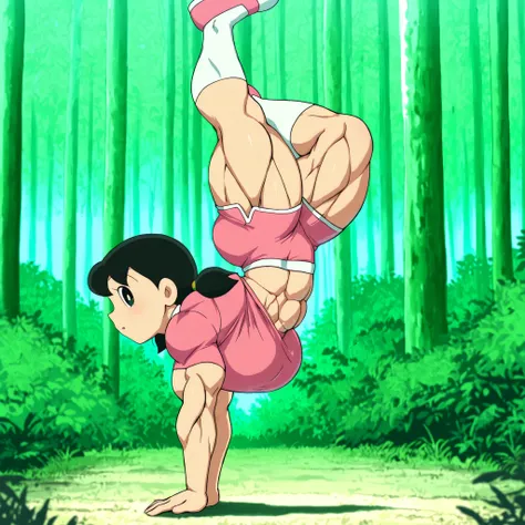 score_9, source_anime, rating_safe BREAK 1girl, solo, minamoto shizuka \(doraemon\), black hair, low twintails, short twintails, black eyes, pink shirt, white solo, long Shot, looking at viewer, eye level shot,big pec's, over-sized breast,pink shirt, pink ...