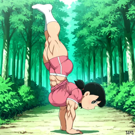 score_9, source_anime, rating_safe BREAK 1girl, solo, minamoto shizuka \(doraemon\), black hair, low twintails, short twintails, black eyes, pink shirt, white solo, long Shot, looking at viewer, eye level shot,big pec's, over-sized breast,pink shirt, pink ...