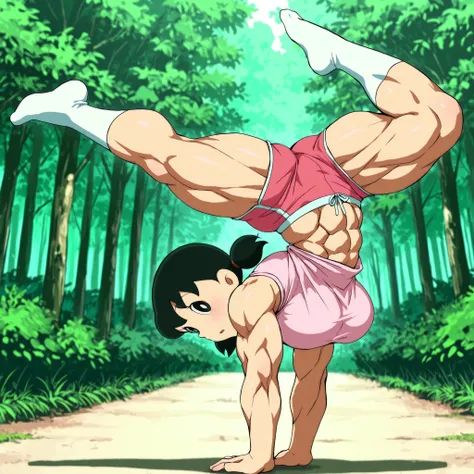 score_9, source_anime, rating_safe BREAK 1girl, solo, minamoto shizuka \(doraemon\), black hair, low twintails, short twintails, black eyes, pink shirt, white solo, long Shot, looking at viewer, eye level shot,big pec's, over-sized breast,pink shirt, pink ...