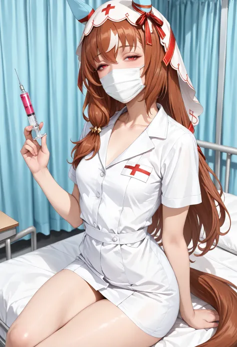(masterpiece, best quality, perfect face:1.4), wide angle, Still in Love \(umamusume\), brown hair, red eyes, long hair, streaked hair, horse ears, ear cover, ear ornament, veil, red hair ribbon, small breasts, horse tail, tail on the lower back, proportio...