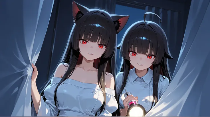 Nurse patrolling the hospital room late at night ， Beautiful women ((cat girl, cat black ears)), (red eyes), (long hair), (( black hair, (Ahoge), straight bangs,)), , with a with white off-shoulder gowns ,  ，Holding a Flashlight，the crazy smile of a woman ...
