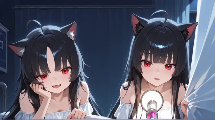 Nurse patrolling the hospital room late at night ， Beautiful women ((cat girl, cat black ears)), (red eyes), (long hair), (( black hair, (Ahoge), straight bangs,)), , with a with white off-shoulder gowns ,  ，Holding a Flashlight，the crazy smile of a woman ...