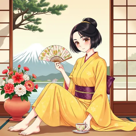 illustrations、Anime、A beautiful 25 year old woman is sitting、 yellow kimono 、Japanese Women、Japanese-style room、pine tree、meters. Fuji、 Beautiful flowers in a vase 々 、Floral fan、 woman has big breasts 、Japanese tea、